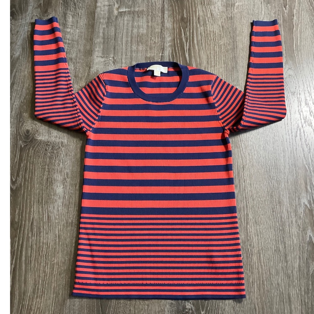 MICHAEL KORS Ribbed Stripe‎ Long Sleeve Knit Top Women's Size L Coral Navy